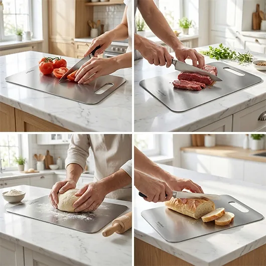 Meat, fish and vegetables on the Vanotium cutting board